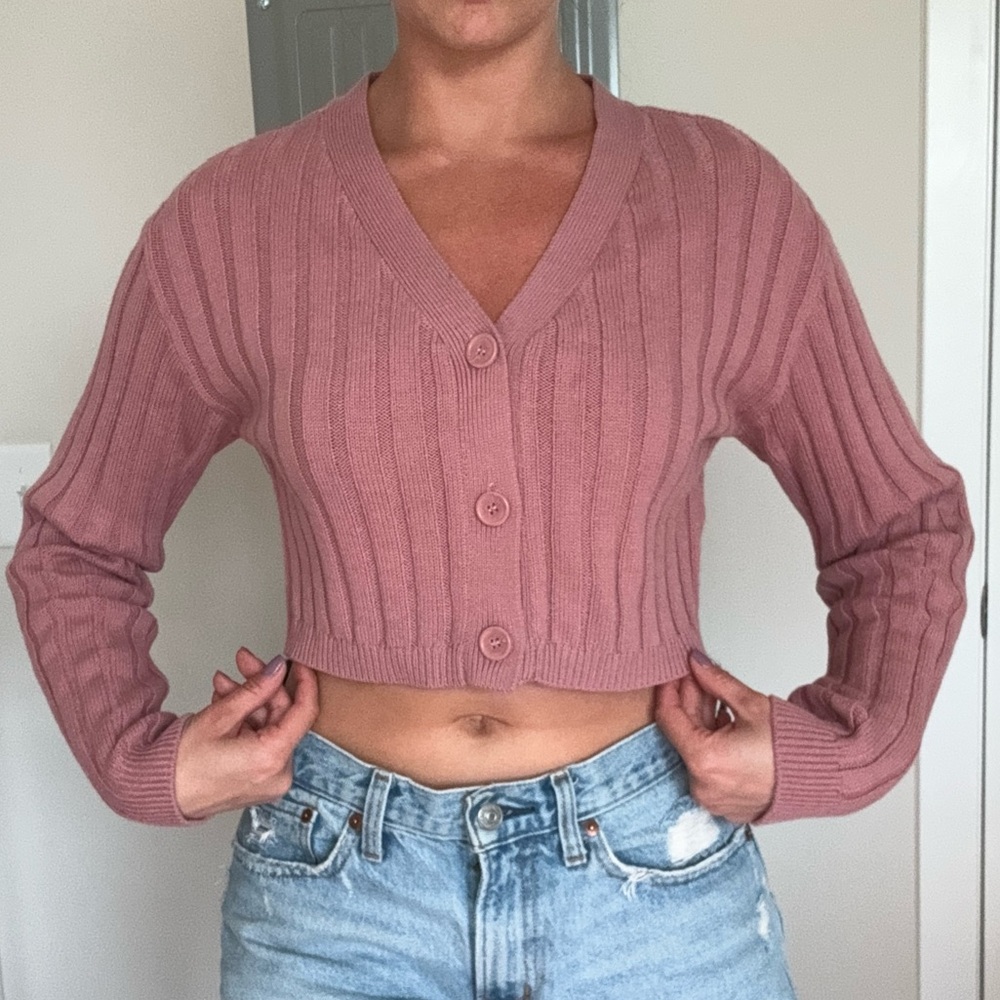 Abound Dusty Pink Rib-Knit Cropped Cardigan